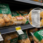 A supermarket shelf stocked with bags of bread rolls marked with red "RECALL" stickers. A close-up circle highlights a nutrition label with "MISLABELED INGREDIENTS" text, emphasizing the Publix garlic knot recall details.