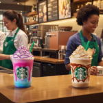 Two vibrant Starbucks blended drinks sit on a wooden counter while baristas work behind it. Customers smile and take photos as steam rises from espresso machines in the busy café.