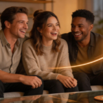 Three cast members sit closely on a couch, laughing together in a warm living room. A glowing house icon floats nearby, hinting at the show’s shared summer home.