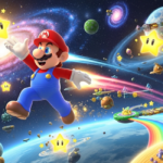 Mario in red cap reaches for a smiling yellow Luma star amid galaxies and floating platforms, from the Super Mario Galaxy Movie concept art.