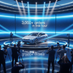 A silver sedan sits center stage under blue spotlights as cameras and press surround a curved screen reading “3,000+ orders in first hour.” The launch event visualizes how Toyota bZ7 Orders First Hour shocked the market with record-breaking demand for a luxury EV.