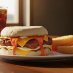 A vibrant McDonald's promotional graphic for the Saja Boys Breakfast Meal, featuring a Spicy Sausage McMuffin with Egg, crispy hash browns, and a McCafé coffee. The bold red and yellow background includes a "Limited Time Only" badge and a stylized "Saja Sauce" packet.
