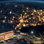 Nighttime satellite view of the US with glowing Whataburger Expansion Plans 2026 rollout network connections. New 24-hour Whataburger, branded delivery trucks, and active construction site anchor the logistics map.
