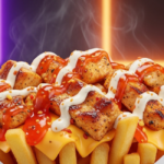 A close-up of golden seasoned fries topped with shredded chicken, zesty ranch, and bold hot sauce. The Zab’s Chicken Ranch Nacho Fries are presented in a classic cardboard tray on a rustic tabletop.