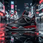 Black and red Air Jordan 4 Berlin 2027 sits on wet Berlin streets at night with Brandenburg Gate graphic on the heel.