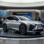 Silver electric SUV displayed on a circular platform with holographic design, chassis, and aerodynamic holograms surrounding it. Screens show “LEXUS TZ: DESIGN EVOLUTION 2027” and “TZ 2027 EV CONCEPT” with sculpted lines and EV powertrain details.