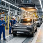 Technicians perform final inspection on the last ICE Macan GTS as the Porsche Macan gas era ends at the Leipzig plant. “LETZTER VERBRENNER (THE LAST ICE UNIT)” sign hangs above the silver SUV with “MACAN ICE - THE FINAL UNIT” plate.