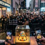 Crowds swarm The Watch Emporium in Times Square as Swatch x AP Royal Pop Pocket Watches debut in a display case out front. Phones record the colorful pocket watch while security manages lines under “ROYAL POP COLLECTION LIMITED” signage.