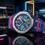 Close-up of the Swatch x Audemars Piguet Royal Pop with neon pink, blue, and purple strap against a neon-lit workshop. The Royal Oak-inspired case houses a vibrant pop-art dial with “ROYAL POP” text and AP logo.