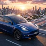 Blue 2026 Model Y on elevated highway overlooks futuristic city with Tesla Model Y Review stats projected nearby.