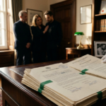 Legal documents titled "Last Will and Testament" rest on a dark wooden desk in a classic, wood-paneled office. In the soft-focused background, three individuals stand together solemnly near a window while a hand in a white glove adjusts the paperwork.