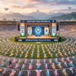 Thousands of participants in white attire perform synchronized yoga poses in concentric circles across a massive outdoor stadium. A large grandstand stage features signs for Akshar Yoga Kendraa 21 Guinness World Records set against a backdrop of towering mountains.