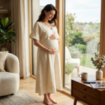 A pregnant woman cradling her stomach while standing gracefully by a large glass door. She wears a flowing cream-colored midi dress in a brightly lit, modern living room.