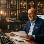 A seasoned music executive in a blue blazer and glasses reviews sheet music at a large studio mixing console. The background wall is decorated with numerous gold and platinum record awards under warm lighting.