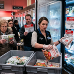 A grocery store worker clears packages from a freezer aisle with "Urgent Food Recall Notice" signs. Customers stand nearby examining frozen vegetable bags with expressions of concern.