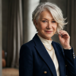 A close-up portrait of a mature woman showcasing a detailed helen mirren asymmetrical haircut.