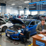 A busy dealership service center filled with vehicles under active inspection queues. Technicians utilize diagnostic tablets to address an official Honda Civic recall campaign.
