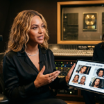 A woman with wavy hair holds a tablet in a recording studio displaying a graphic titled "Jay-Z's Hair Journey." The screen highlights four distinct archival photos showing his progression from a short buzz cut to long dreadlocks.