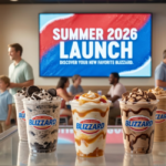 A row of diverse Dairy Queen Blizzard flavors 2026 treats sits on a counter, displaying options like Oreo and caramel swirls. In the background, families smile beneath a large digital screen reading "Summer 2026 Launch."