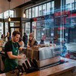 Baristas work behind a cafe counter while digital overlays flash “ALERT” and “CLOSED” warnings. The scene shows operational challenges with inventory errors and staff shortages displayed.