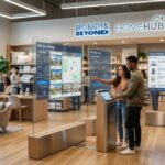 A couple interacts with a transparent holographic display showing house listings and mortgage data inside a modern retail store. Shelves of home goods and furniture fill the bright space under a “HOMEHUB” sign.