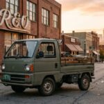 Olive-green compact pickup parked on a quiet Main Street at sunset, in front of a vintage R.E.O. sign. Brick storefronts and a distant city skyline frame the historic brand’s modern revival.