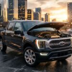 A black Ford F-150 Platinum sits with its hood open in a city plaza at sunset, exposing the engine bay. Glass skyscrapers reflect golden light behind the truck as pedestrians blur past on wet pavement.