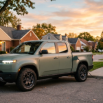 A sage green electric pickup truck charges at a suburban home charger during golden hour in a quiet neighborhood. Tree-lined streets and autumn leaves frame the truck plugged into a wall-mounted EV unit.