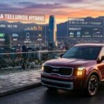 Maroon Kia Telluride Hybrid parked at a scenic overlook with holographic 2026 specs and pricing floating above. City skyline and mountains glow at sunset behind the 7-passenger SUV with AWD and 284 HP display.
