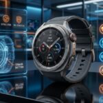 A rugged smartwatch with a black band sits on a reflective surface surrounded by holographic spec panels. Icons highlight Super AMOLED display, 64GB storage, BioActive Sensor 3.0, and MIL-STD-810H rating.