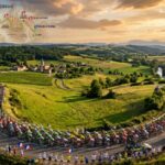 A peloton of cyclists races through a sweeping French countryside curve lined with cheering fans waving flags. An inset map shows Étape 17 from Gap to Bourg-d’Oisans with elevation and key climbs marked.